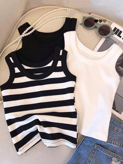 Set de 3 tops sin mangas para niñas, estilo casual y transpirable para vacaciones, ideal para el regreso a clases