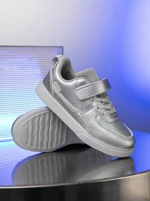 1 双儿童运动鞋透气弹力缓冲减震速干轻便防滑耐磨混合 PU 皮革鞋面休闲街头跑步鞋适合男孩和女孩 - 銀色 - 查看 11