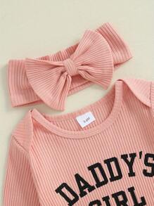 Baby Girls Rompers Letter Print Frills Round Neck Long Sleeve Infant Bodysuits Jumpsuits With Headband - Pink - View 4
