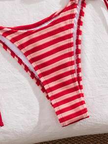 New Soft Striped Terry Cloth Wrap Halter Bikini Set, Simple & Elegant Party & Beach Swimwear For Women, Summer - Red - View 5