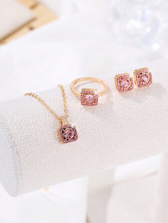 4 件/套女士水钻首饰套装，时尚个性化优雅，吊坠项链、耳环、手链
