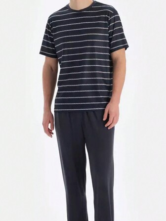 男士短袖圆领菱形条纹印花睡衣套装，轻便夏季睡衣