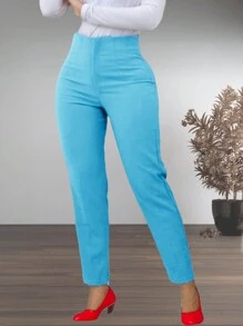 Pantalón con pinzas de cintura alta para dama - Azul - Ver 3