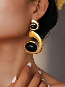 1pc Fashionable Geometric Asymmetrical 3D Spiral Acrylic & Metal Combination Statement Dangle Earrings, Versatile For Daily And Party Wear - Golden Yellow+Black - View 3