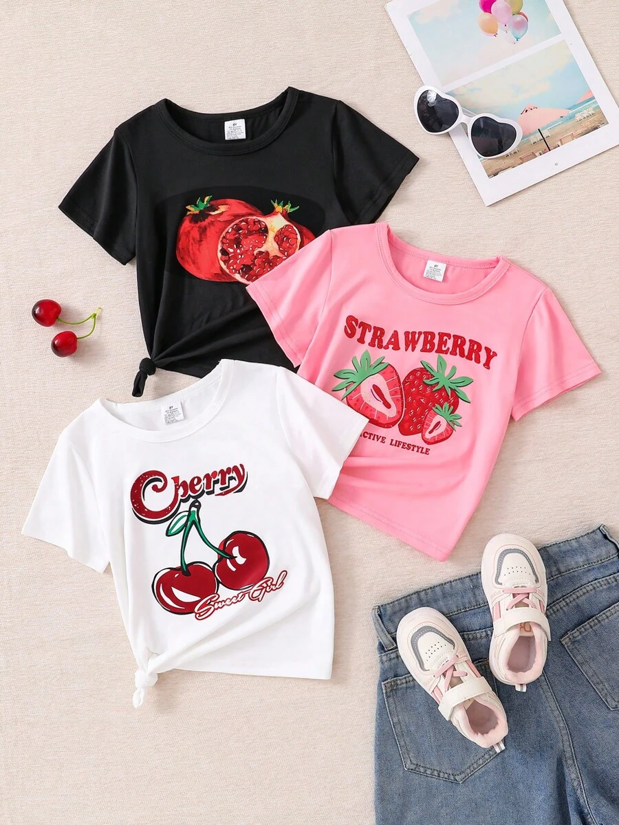 3pcs Girls Versatile Outdoor Summer Knit Short Sleeve T-Shirt, Fruit & Letter Graphic, Fashionable & Comfortable Breathable Vacation Wear For Toddlers & Little Young Girl