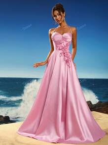 Toosun Women Elegant Solid Color 3D Floral Decor Backless Halter Formal Evening Gown, Party Dress, Wedding Guest Dress, Evening Dress