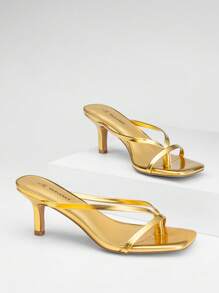 Women Comfortable Kitten Low Heel Thong Heeled Sandals Fashion Square Open Toe Comfort Shoes For Party Casual Slides - 金色 - 查看 4