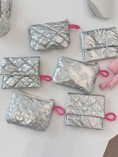 Rhombus Silver Heart & Bow Coin Purse, Cute Clutch Makeup Pouch, Portable Sanitary Napkin Bag, Suitable For Daily Use - Women Fashion Accessory