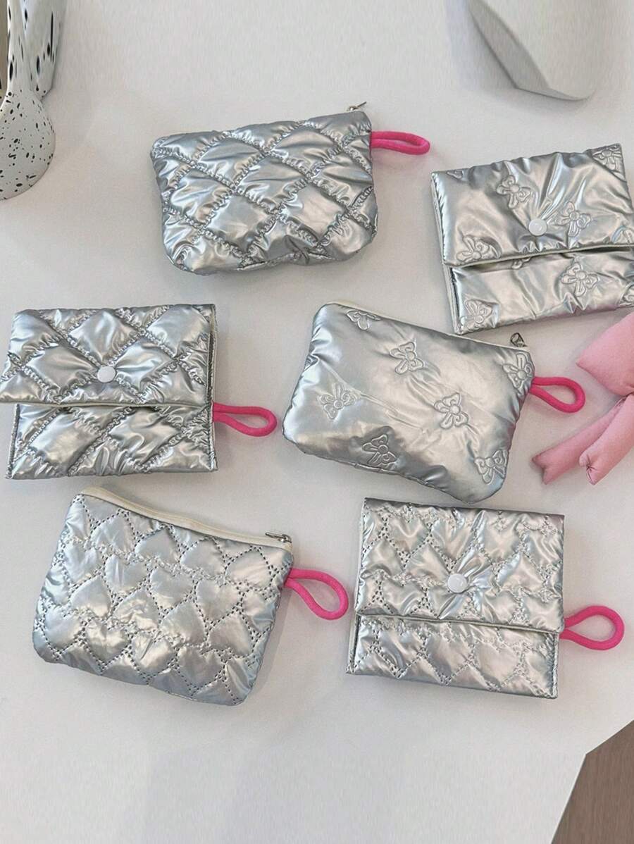 Rhombus Silver Heart & Bow Coin Purse, Cute Clutch Makeup Pouch, Portable Sanitary Napkin Bag, Suitable For Daily Use - Women Fashion Accessory - Multicolor - View 1