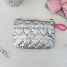 Rhombus Silver Heart & Bow Coin Purse, Cute Clutch Makeup Pouch, Portable Sanitary Napkin Bag, Suitable For Daily Use - Women Fashion Accessory - Multicolor - View 9