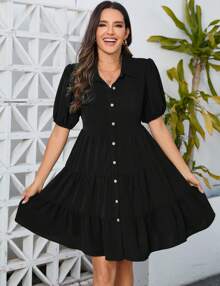 GoyRrbay Maternity Dress Women's Casual Puff Short Sleeve Collar V Neck Button Down Tiered Pleated Mini Shirt Dress - 黑色 - 查看 2