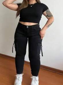 Quần jean cargo dáng skinny phong cách Y2K dành cho nữ cỡ lớn, màu đen, thích hợp cho mùa thu và mùa xuân. - màu đen - Xem 8