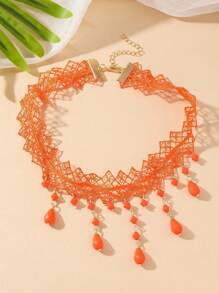 1pc Sexy Orange Crystal Teardrop Lace Trim Necklace, Versatile Colorful Necklace For Women To Wear For Spring Parties & Events - Choker Necklace - View 4