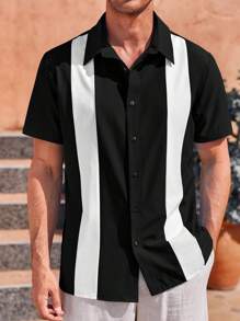Runcati Men's Vintage Bowling Shirt Short Sleeve Guayabera Button Down Beach Shirt - 黑色 - 查看 3