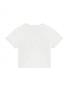 日式风格女式短袖圆领休闲蝴蝶结印花修身 T 恤，春夏 - 白色 - 查看 2