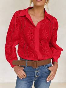 Women's Summer Solid Color Embroidered Hollow Out , Holiday Style Bohemian Embroidery Blouse - 紅色 - 查看 9