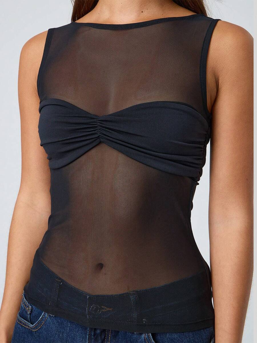 Women's Sheer Mesh Tank Tops Sleeveless Round Neck Solid Slim Fit Ruched Vest Shirts - màu đen - Xem 1