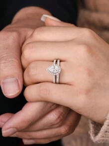 ESBERRY 2pcs/Set 925 Sterling Silver High Sparkle Glamorous Cubic Zirconia Water-Drop Decor Wedding Band For Women Valentines Gift Engagement Bridal Jewelry - Teardrop Diamond Ring - View 5