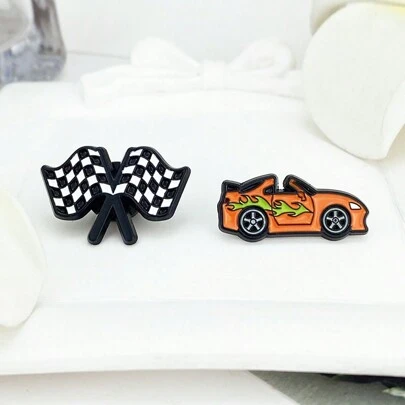 1pc/2pcs Universal Mini Exquisite Cute Racing Car & Racing Flag Cartoon Enamel Brooch, Special Lapel Pin, Suitable As Gift For Friends, Collectors Of Racing Fans, Checkered Street Casual Zinc Alloy Cartoon Brooch, All Season