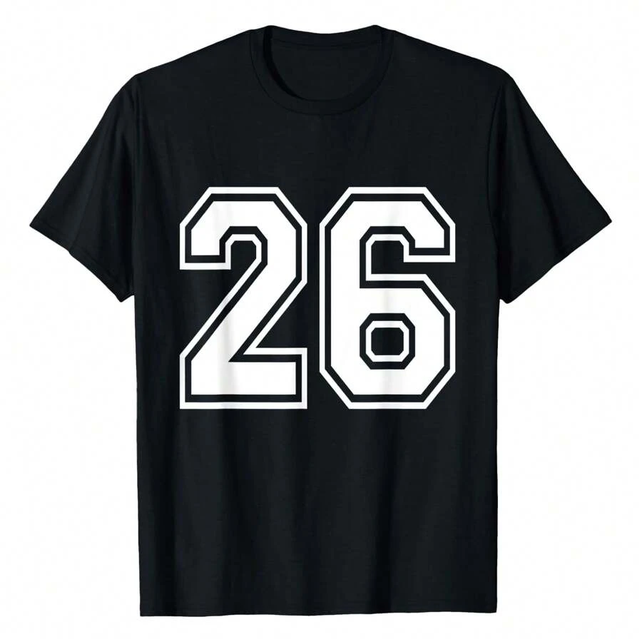 Number 26 Varsity Sports Team Jersey 26th Birthday 26 Years T-Shirt ,Women's 100% Cotton Casual T-Shirt, Soft And Breathable Fabric, Relaxed Fit Short Sleeve Crew Neck, Perfect For Everyday Wear, Outdoor Activities, Travel, And Layering, Effortlessly Stylish And Comfortable! - màu đen - Xem 1