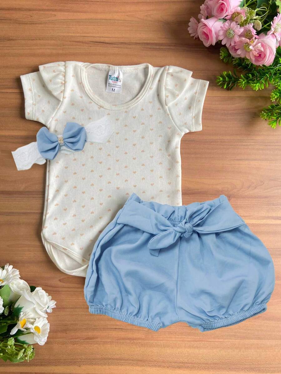 Baby Girl Set Bodysuit + Shorts + Headband - 淺藍色 - 查看 1