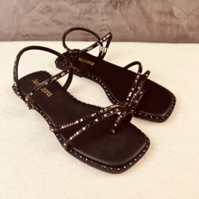 Amizzara Women's Flat Sandals Exclusive Adjustable Shiny Rhinestone Straps Colorful Comfortable Casual - 黑色 - 查看 2