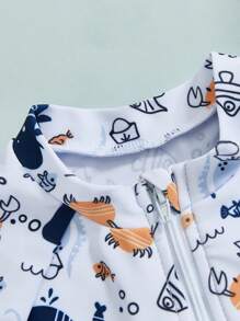 Toddler Boys Rash Guard Swimsuit Animal Print Zipper Short Sleeve Bathing Suit With Swim Cap - Blue - View 4