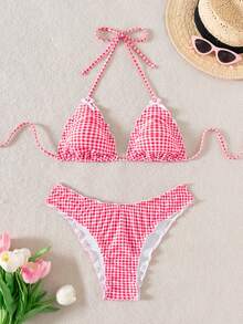 2pcs Plus Size Women Two-Piece Gingham Tankini Set,Lace Detail Swimwear, Korean Style Hot Spring Swimming Suit, For Summer Beach Vacation