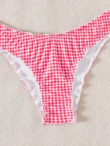 2pcs Plus Size Women Two-Piece Gingham Tankini Set,Lace Detail Swimwear, Korean Style Hot Spring Swimming Suit, For Summer Beach Vacation