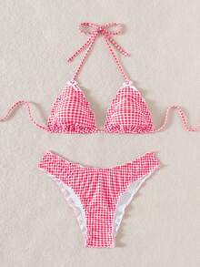 2pcs Plus Size Women Two-Piece Gingham Tankini Set,Lace Detail Swimwear, Korean Style Hot Spring Swimming Suit, For Summer Beach Vacation