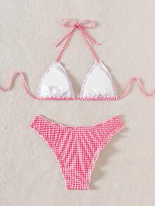 2pcs Plus Size Women Two-Piece Gingham Tankini Set,Lace Detail Swimwear, Korean Style Hot Spring Swimming Suit, For Summer Beach Vacation