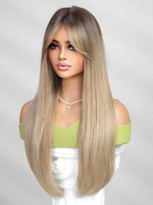Peluca larga y recta de 26 pulgadas de alta calidad con degradado ombre y flequillo, hecha de fibra sintética resistente al calor, adecuada para festivales, fiestas, viajes y uso diario de mujeres - Degradado - Ver 6