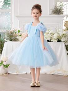 Young Girl Spaghetti Strap Bowknot Easter Party Dress, Elegant Princess Tulle Dress, Birthday Gift, Flower Girl Wedding Gown, School Dance Recital Celebration Dress