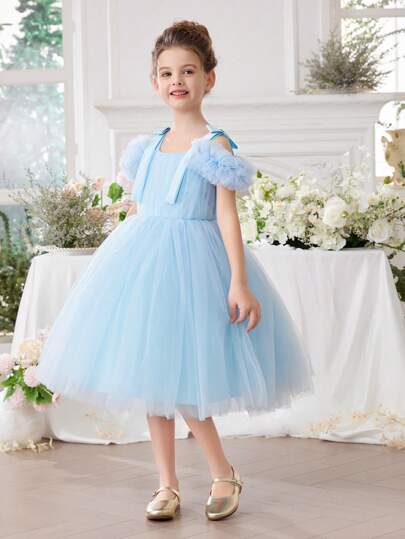 Young Girl Spaghetti Strap Bowknot Easter Party Dress, Elegant Princess Tulle Dress, Birthday Gift, Flower Girl Wedding Gown, School Dance Recital Celebration Dress