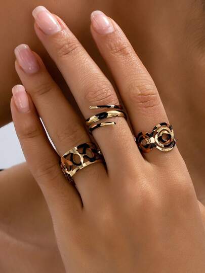 Set de 3 anillos geométricos de gota de agua hueca de metal personalizada con estampado de leopardo, adecuado como regalo del Día de San Valentín, para uso diario, de estilo estético