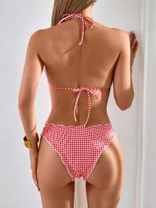 2pcs Plus Size Women Two-Piece Gingham Tankini Set,Lace Detail Swimwear, Korean Style Hot Spring Swimming Suit, For Summer Beach Vacation