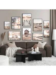 1 pieza Impresión en lienzo de paisaje marino, póster de playa con puente de madera, flor de heno, arte de pared pintura estilo nórdico para decoración de sala de estar sin marco