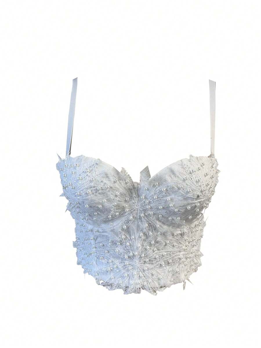 Apperloth A Áo nịt ngực Cami Top Đèn treo tường Hạt Mùa vụ - trắng - Xem 1