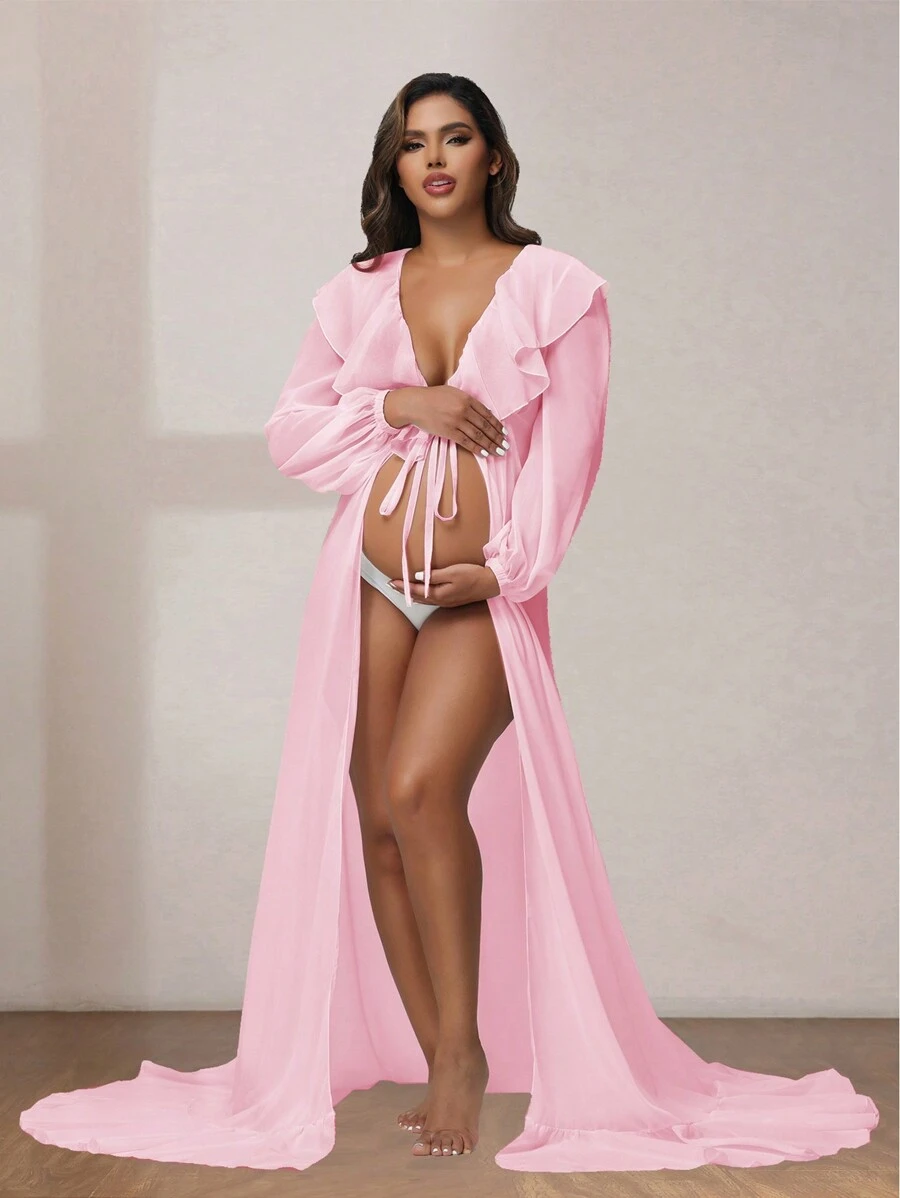 Maternity Ruffle Lantern Sleeve Chiffon Robe, Suitable For Photography - Pink - View 1