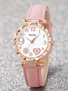 5 件粉红梅花钻石石英表、心形项链、手链、耳环首饰套装、日常搭配配饰作为儿童生日礼物 - 粉色 - 查看 6