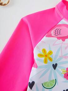 Young Girl Cute Flamingo Print Long Sleeve Rash Guard Swimwear - Red and White - View 4