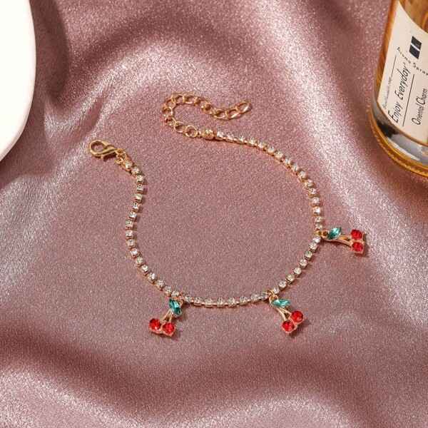 1pc Stylish Sweet Artificial Zirconia Cherry Anklet, Women Summer Beach Casual Fruit Pendant Anklet, Party Gold Tennis Ball Foot Jewelry, Suitable For Summer Wear