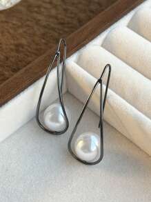 1 对优雅复古风格人造珍珠独特奢华铜质女式耳环 - 槍黑色 - 查看 7