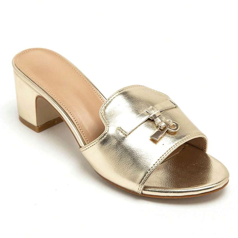 Heeled Shoes With Strap And Buckle Detail - Gold - View 1