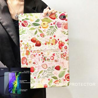 A Ditsy Floral Strawberry Book-Style Tablet Case, Can Be Paired With Tempered Glass Screen Protectors Of The Same Model, Tablet Protective Case, Soft Anti-Fall Protection, Ultra-Thin/Smart Stand/Auto-Wake Protective Case Compatible With IPad 10.2 Inch 2021/2020 IPad 9th/8th Generation/, Tab Cover, With Pen Holder, Supports Automatic Sleep/Wake Li