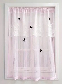 1pc Pink Voile Half Curtain, Elegant Butterfly Decor, Suitable For Bedroom, Living Room Home Decoration, With Pole