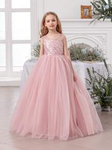 Tween Girl Elegant Bow Decor Dress, Flower Girl Princess Dress Suitable For Girls Wedding, Party, Birthday, Communion, Important Occasions - Pink - View 5