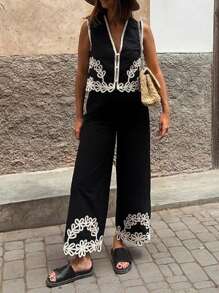 Conjunto de 2 Peças PoPoHouse para Mulheres, Top Regata Vintage Bordada com Renda e Calça Pantalona, Estilo Boho para Férias - Preto - Visão 3