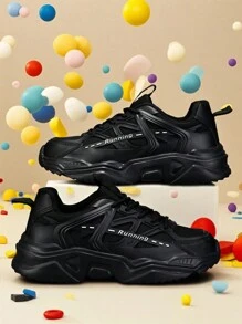 Sporty Front Chunky Sneakers For Women,Colorblock Leather Lace-Up Shoes Women Lightweight Breathable Sneakers Women Shoes Anti-Slip And Wear-Resistant Outdoor Sports Shoes For Women,Comfortable Casual Women Shoes - Black - View 2