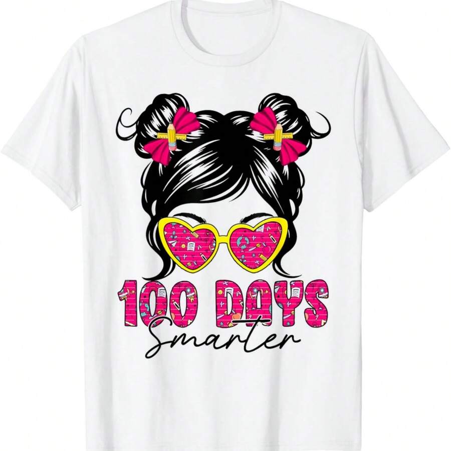 Cute Messy Bun Hair 100 Days Smarter Shirts For Girls Kids T-Shirt - White - View 1